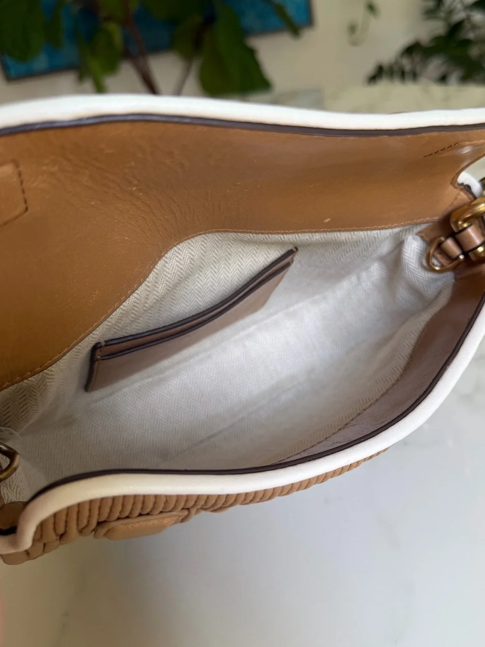 Tory Burch Fleming Soft Pleated Mini Crescent Bag Dusty Almond Leather w/ Chain